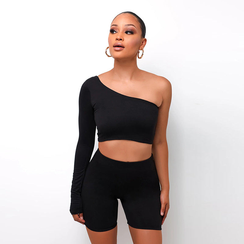 Kliou Solid Asymmetrical Two Piece Sets Women Tracksuit Crop Tops Elastic Bike Shorts Sporty Matching Suits Casual Female Outfit - Onouthati