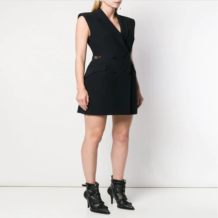 Vest Dress Summer New Commute Double Breasted Slim Dresses For Women Back Splicing Lace Perspective Sexy Black Mini Dress - Onouthati