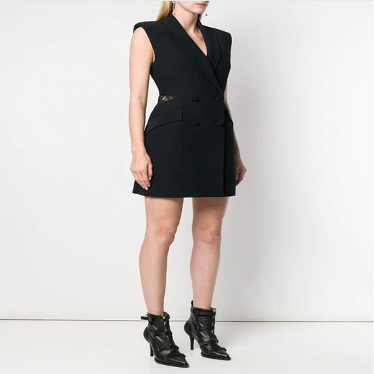 Vest Dress Summer New Commute Double Breasted Slim Dresses For Women Back Splicing Lace Perspective Sexy Black Mini Dress - Onouthati