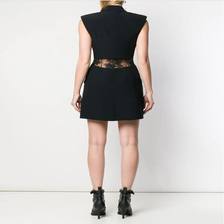Vest Dress Summer New Commute Double Breasted Slim Dresses For Women Back Splicing Lace Perspective Sexy Black Mini Dress - Onouthati