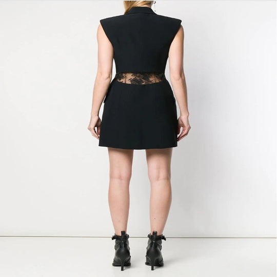 Vest Dress Summer New Commute Double Breasted Slim Dresses For Women Back Splicing Lace Perspective Sexy Black Mini Dress - Onouthati