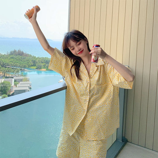 Home Suit Pajamas for Women Girls Sweet Pyjama Ensembles Short Sleeve Pijamas Bright Yellow Two Piece Set - Onouthati