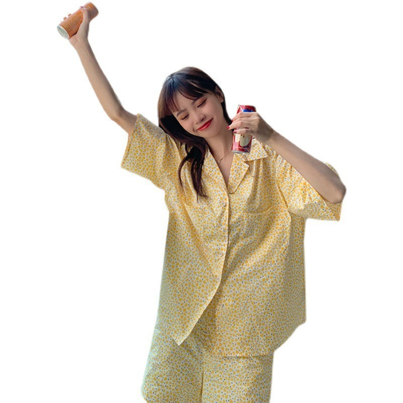 Home Suit Pajamas for Women Girls Sweet Pyjama Ensembles Short Sleeve Pijamas Bright Yellow Two Piece Set - Onouthati