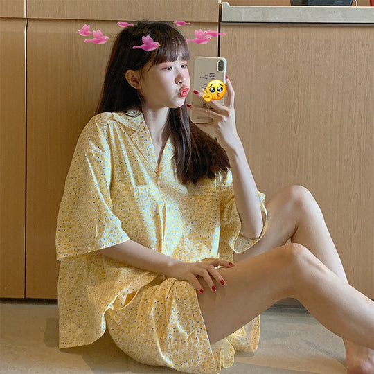 Home Suit Pajamas for Women Girls Sweet Pyjama Ensembles Short Sleeve Pijamas Bright Yellow Two Piece Set - Onouthati