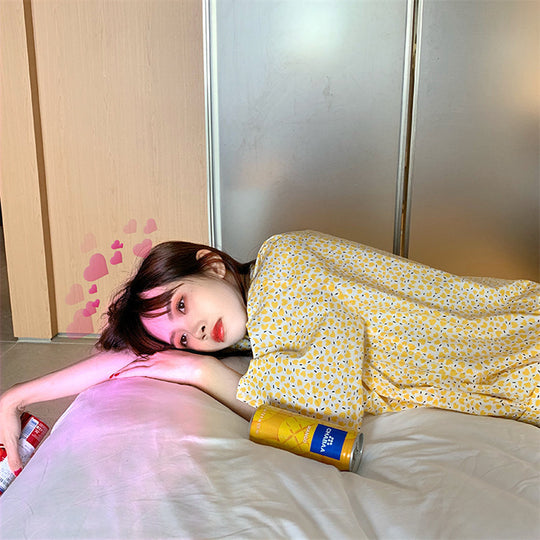 Home Suit Pajamas for Women Girls Sweet Pyjama Ensembles Short Sleeve Pijamas Bright Yellow Two Piece Set - Onouthati