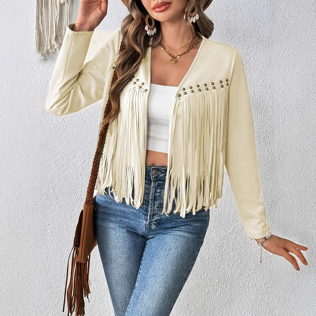 Women's Elegant Solid Color Tassel Trimmed Front Open Jacket Jacket - Onouthati