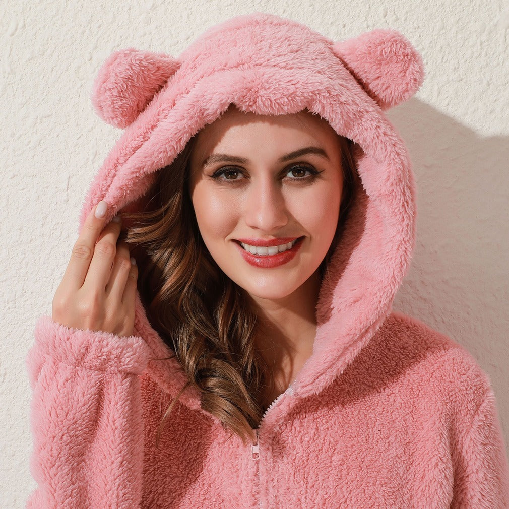 New Autumn And Winter Style One-Piece Pajamas Plus Velvet Thickening Pajamas Plush Hoodie Women - Onouthati