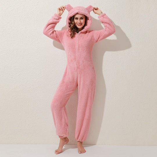 New Autumn And Winter Style One-Piece Pajamas Plus Velvet Thickening Pajamas Plush Hoodie Women - Onouthati