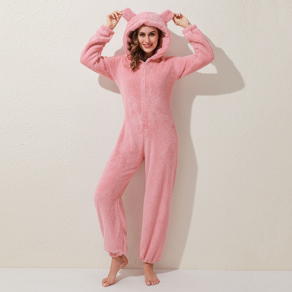 New Autumn And Winter Style One-Piece Pajamas Plus Velvet Thickening Pajamas Plush Hoodie Women - Onouthati