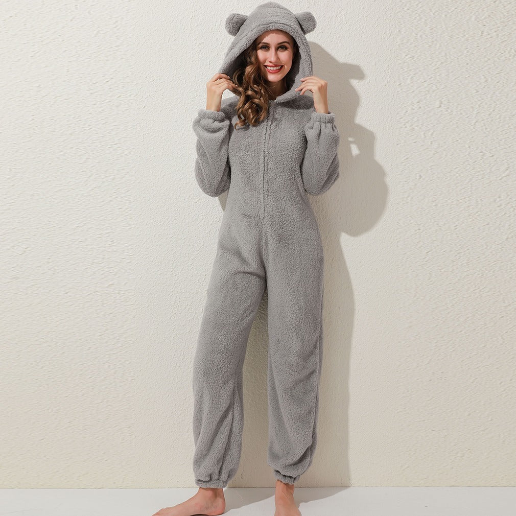 New Autumn And Winter Style One-Piece Pajamas Plus Velvet Thickening Pajamas Plush Hoodie Women - Onouthati