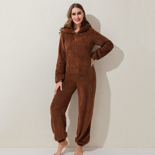 New Autumn And Winter Style One-Piece Pajamas Plus Velvet Thickening Pajamas Plush Hoodie Women - Onouthati