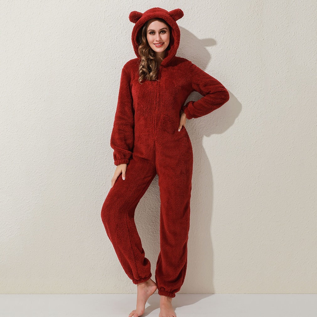 New Autumn And Winter Style One-Piece Pajamas Plus Velvet Thickening Pajamas Plush Hoodie Women - Onouthati