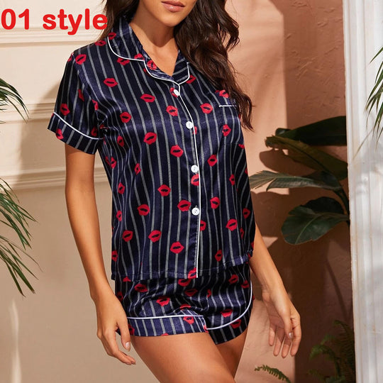 Summer Satin Women Pajams Print V-Neck Stretch Lingerie Female Sleepwear Casual Shorts Set Loungewear Women - Onouthati