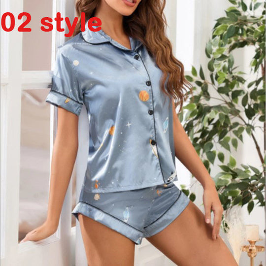 Summer Satin Women Pajams Print V-Neck Stretch Lingerie Female Sleepwear Casual Shorts Set Loungewear Women - Onouthati