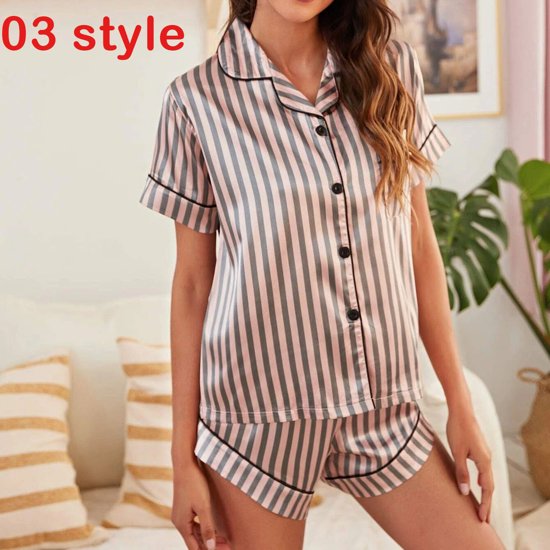 Summer Satin Women Pajams Print V-Neck Stretch Lingerie Female Sleepwear Casual Shorts Set Loungewear Women - Onouthati
