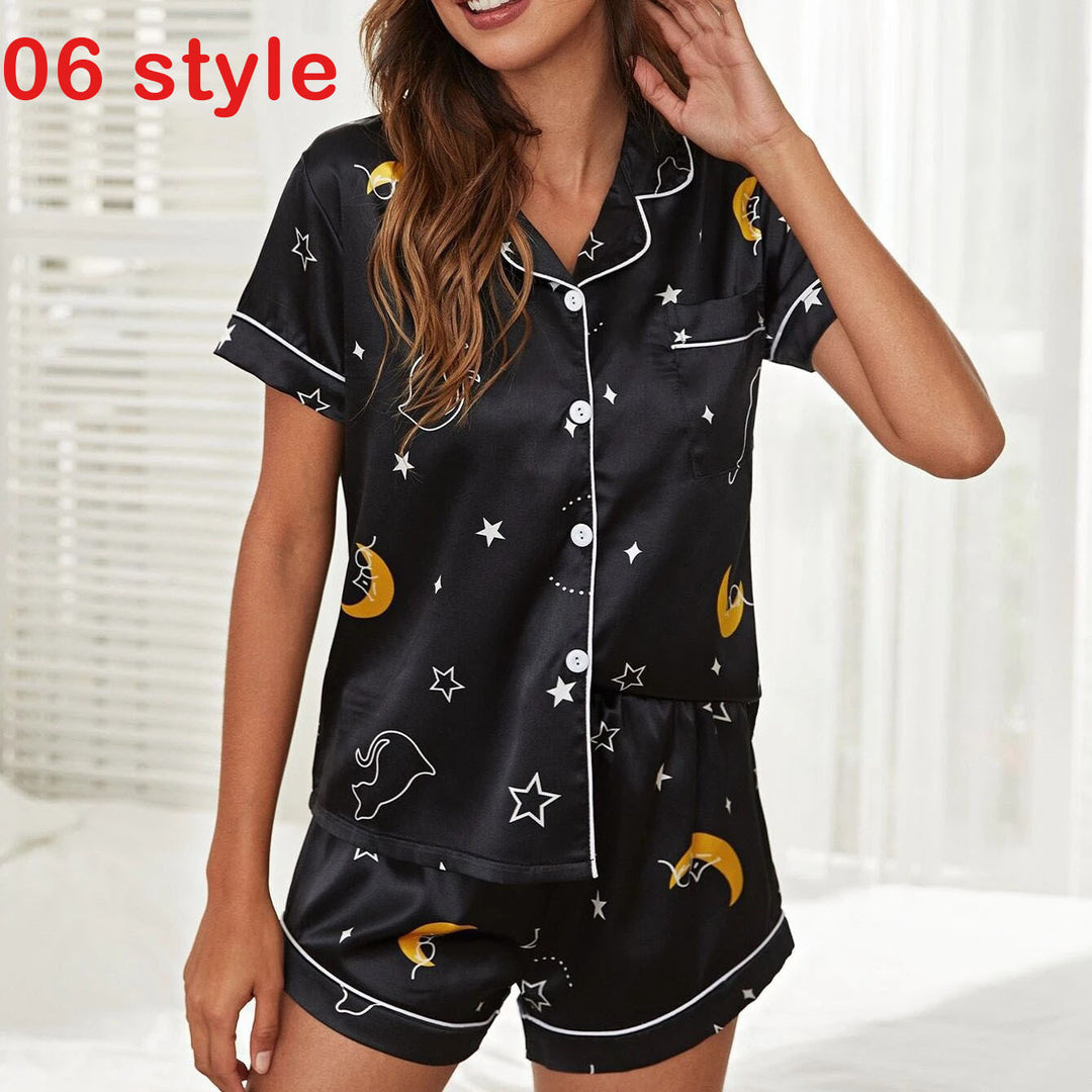 Summer Satin Women Pajams Print V-Neck Stretch Lingerie Female Sleepwear Casual Shorts Set Loungewear Women - Onouthati