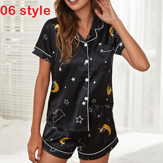 Summer Satin Women Pajams Print V-Neck Stretch Lingerie Female Sleepwear Casual Shorts Set Loungewear Women - Onouthati