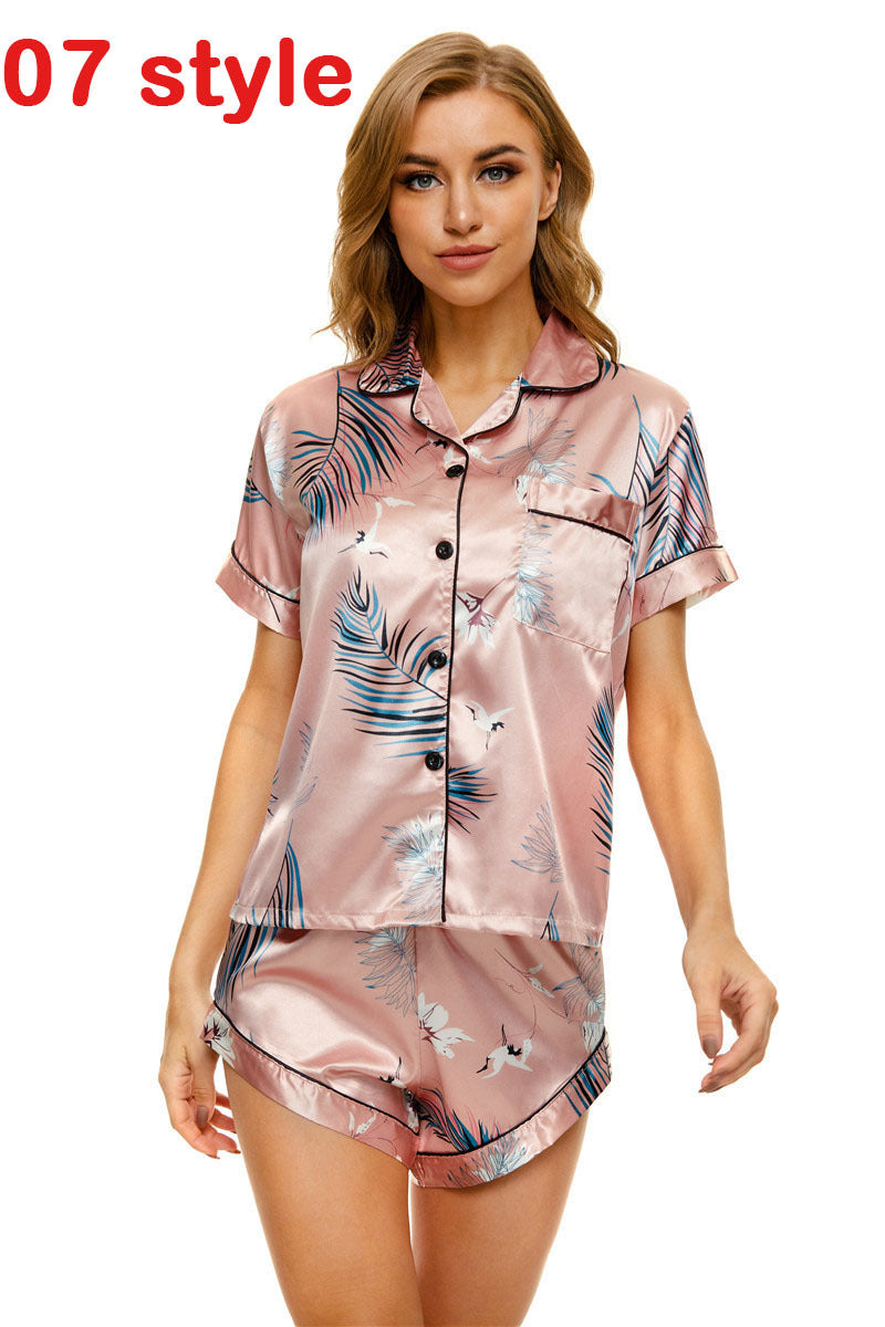 Summer Satin Women Pajams Print V-Neck Stretch Lingerie Female Sleepwear Casual Shorts Set Loungewear Women - Onouthati
