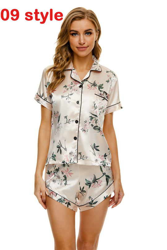 Summer Satin Women Pajams Print V-Neck Stretch Lingerie Female Sleepwear Casual Shorts Set Loungewear Women - Onouthati