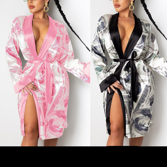 Hirigin Aesthetic Cardigan Long Sleeve Midi Bandage Dress Money Pajamas Fall Clothes For Women Fashion Sexy Lounge Wear - Onouthati