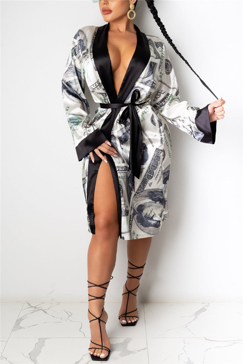 Hirigin Aesthetic Cardigan Long Sleeve Midi Bandage Dress Money Pajamas Fall Clothes For Women Fashion Sexy Lounge Wear - Onouthati
