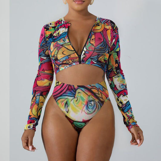 Surfing Swimsuit For Women Bikini Long Sleeve Swimwear Butterfly Print Push Up Summer Bath Suit - Onouthati