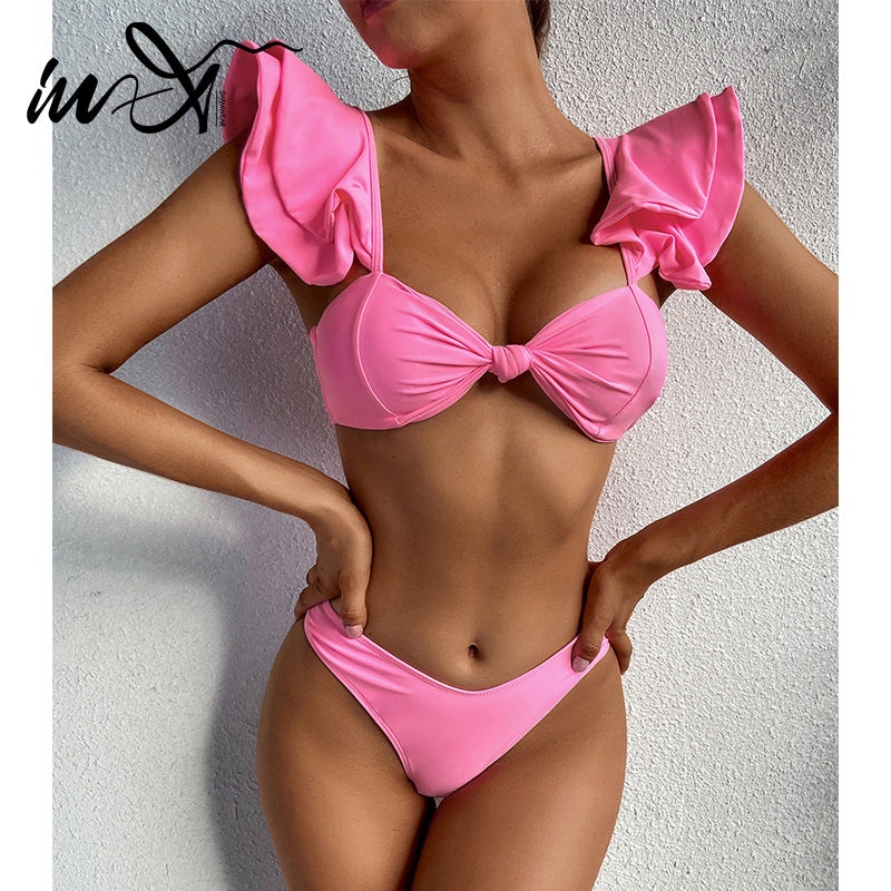Personality Solid Color Ruffle Swimsuit Female Sexy Bikini New Swimwear 2 Piece Sets Womens Bikini Set Bathing Suit - Onouthati