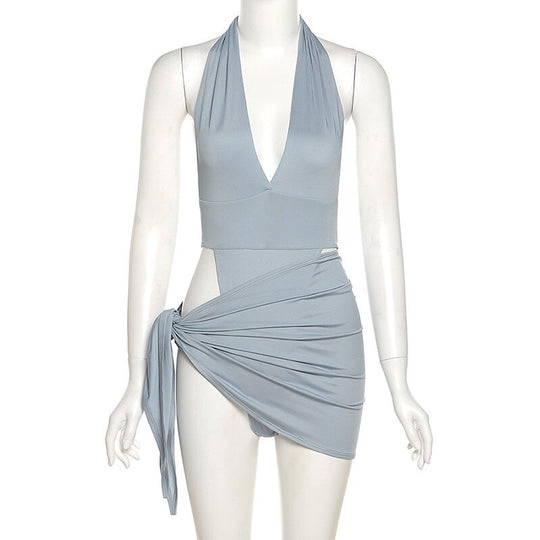 Gray-blue Two-piece Swimsuit With Snap Button To Wear Outside Swimsuit - Onouthati