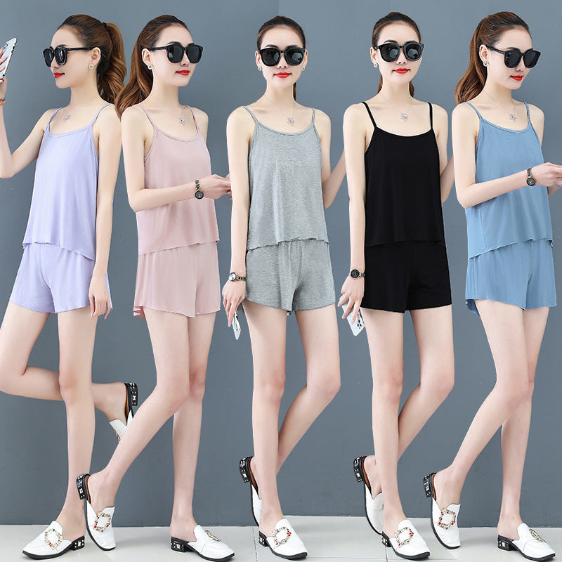 Two-Piece Summer Sexy Suspender Shorts Women Thin Pajamas - Onouthati