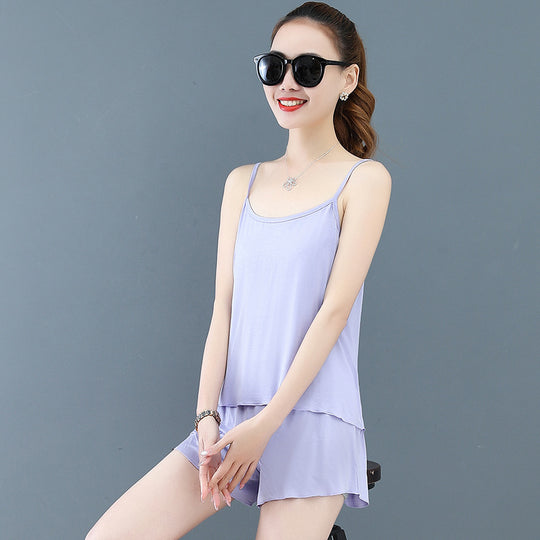 Two-Piece Summer Sexy Suspender Shorts Women Thin Pajamas - Onouthati