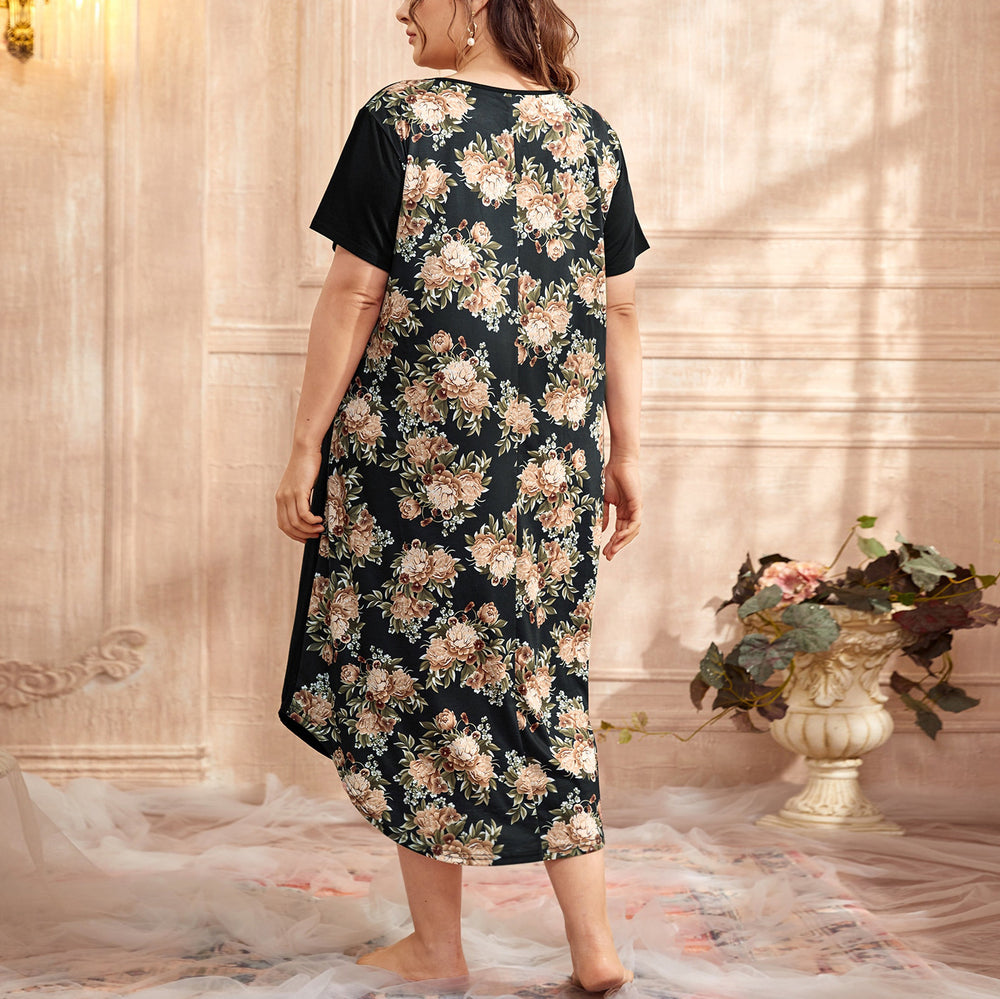 Homewear Pajamas Short-sleeved Printing Stitching Contrast Color Plus-sized Home Nightdress For Women - Onouthati