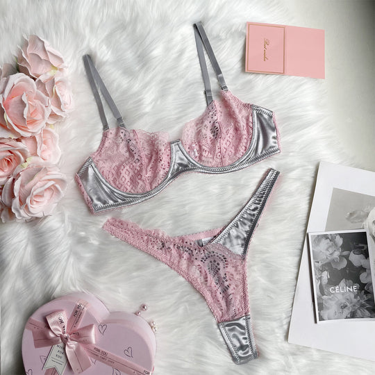 Color Matching Lace Mesh Suit See-through Two-piece Set For Women - Onouthati