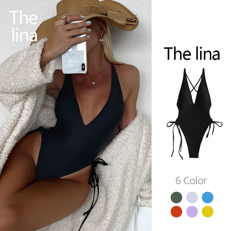 Deep V Beach Bikini Lace-up One-piece Swimsuit For Women - Onouthati