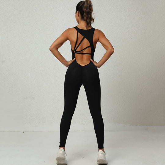 Yoga Jumpsuit V-shaped Back Design Sleeveless Fitness Running Sportswear Stretch Tights Pants For Womens Clothing - Onouthati
