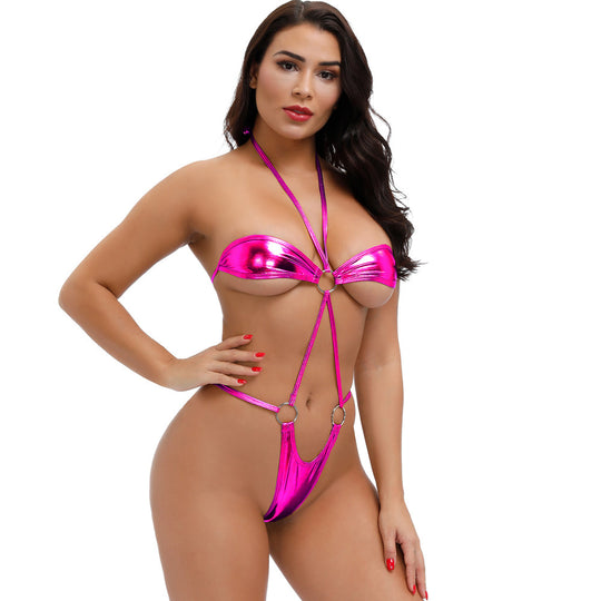 Seaside Imitation Leather Three-Point Bikini Bra T-Shirt Tie Suit Size Women - Onouthati