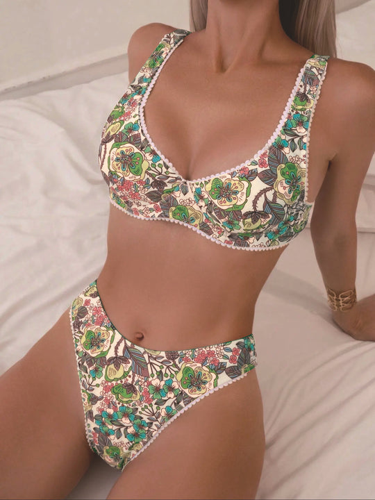 Bikini European And American Steel Bracket Push Up Printed Tied Swimsuit For Women - Onouthati