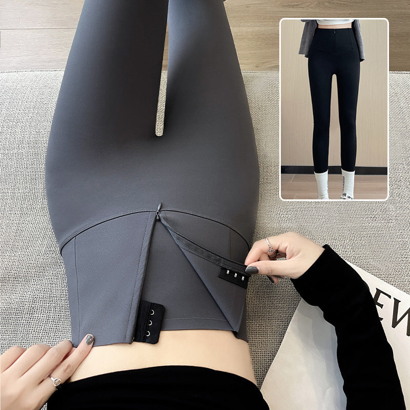 Belly-controlling Butt Lifting Leggings With Three-breasted Design Winter High Waist Slim Zippere Pants Warm Velvet And Thickened Trousers Women Clothing - Onouthati