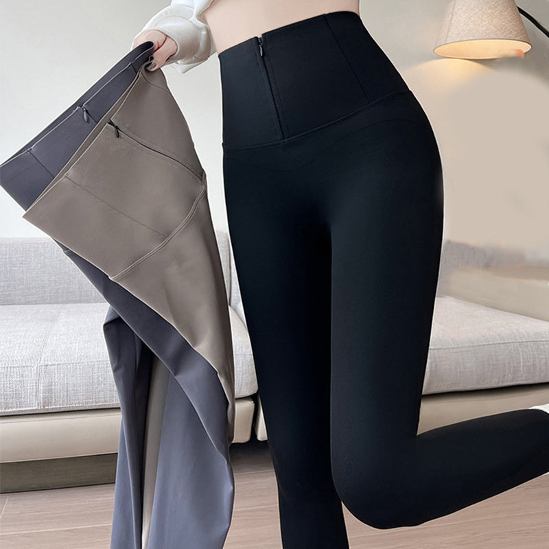 Belly-controlling Butt Lifting Leggings With Three-breasted Design Winter High Waist Slim Zippere Pants Warm Velvet And Thickened Trousers Women Clothing - Onouthati