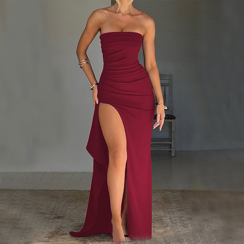 Strapless Split Long Dress Summer Fashion Pleated Bridesmaid Dress For Womens Party Wedding Clothing - Onouthati