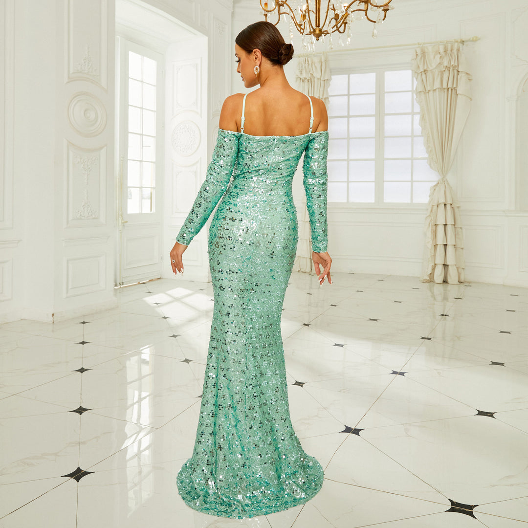 Long Sleeve Off-the-shoulder Banquet Sequined Sheath Fishtail Dress - Onouthati