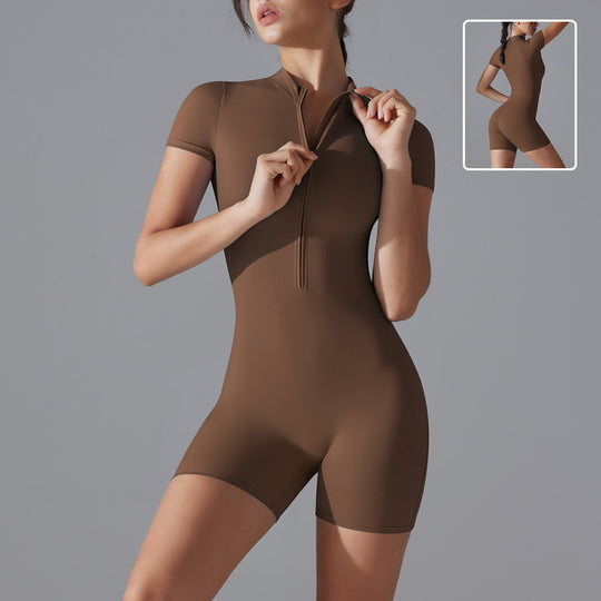 Summer Zipper Short-sleeved Shorts Jumpsuit Yoga Fitness Dance Slim Sports Bodysuit Women Sports Clothing - Onouthati