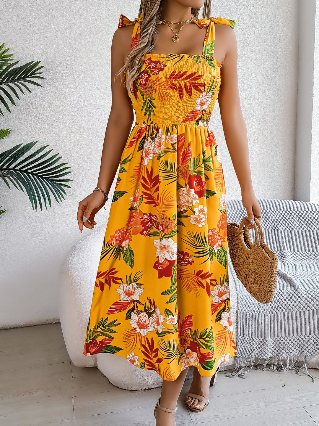 Flowers Print Suspender Corset Dress Ins Fashion Holiday Beach Long Dresses Summer Clothing For Women - Onouthati