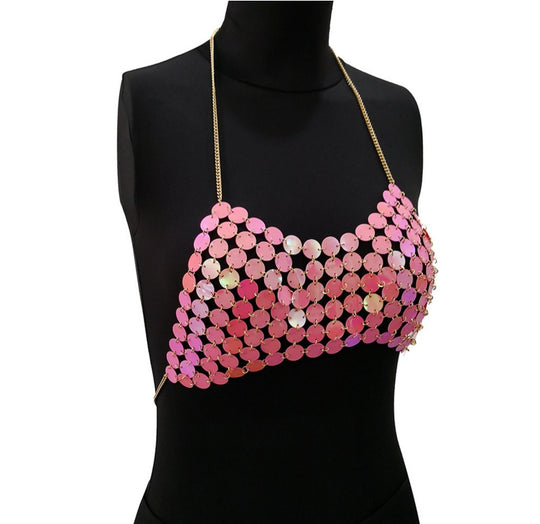 Sexy Metal Chain Tank Top Womens Silver Sparkly Sequins Hollow Plain Backless Club Vest Women Summer Beach Crop Tops - Onouthati