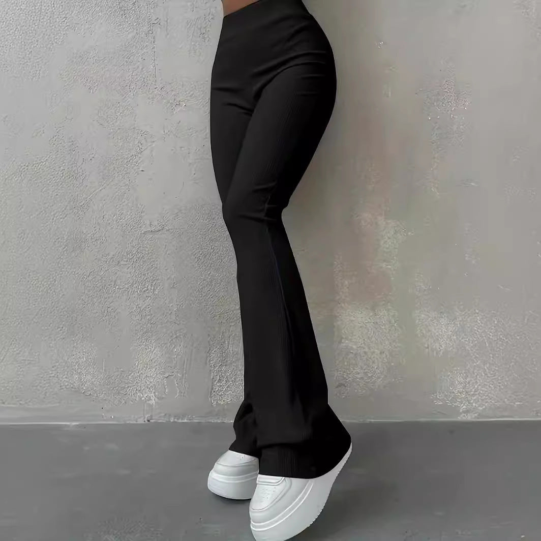 Casual Rib Simple Slim Fit Leggings Solid Color High Waist Fashion Trousers - Onouthati