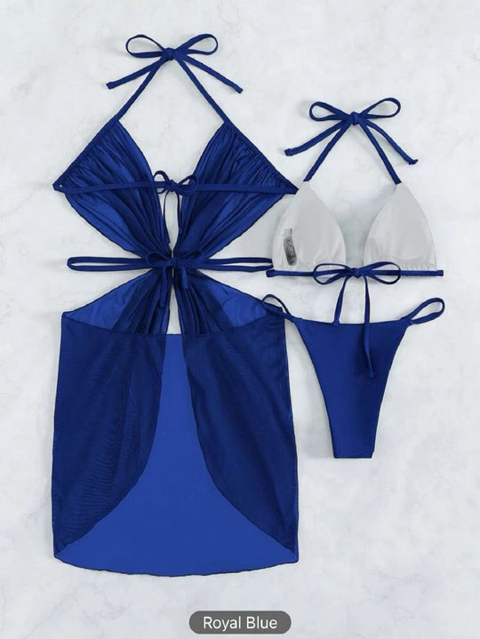 3pcs Halter Neck Bikini Beach Summer Solid Color Split Swimsuit Womens Clothing - Onouthati