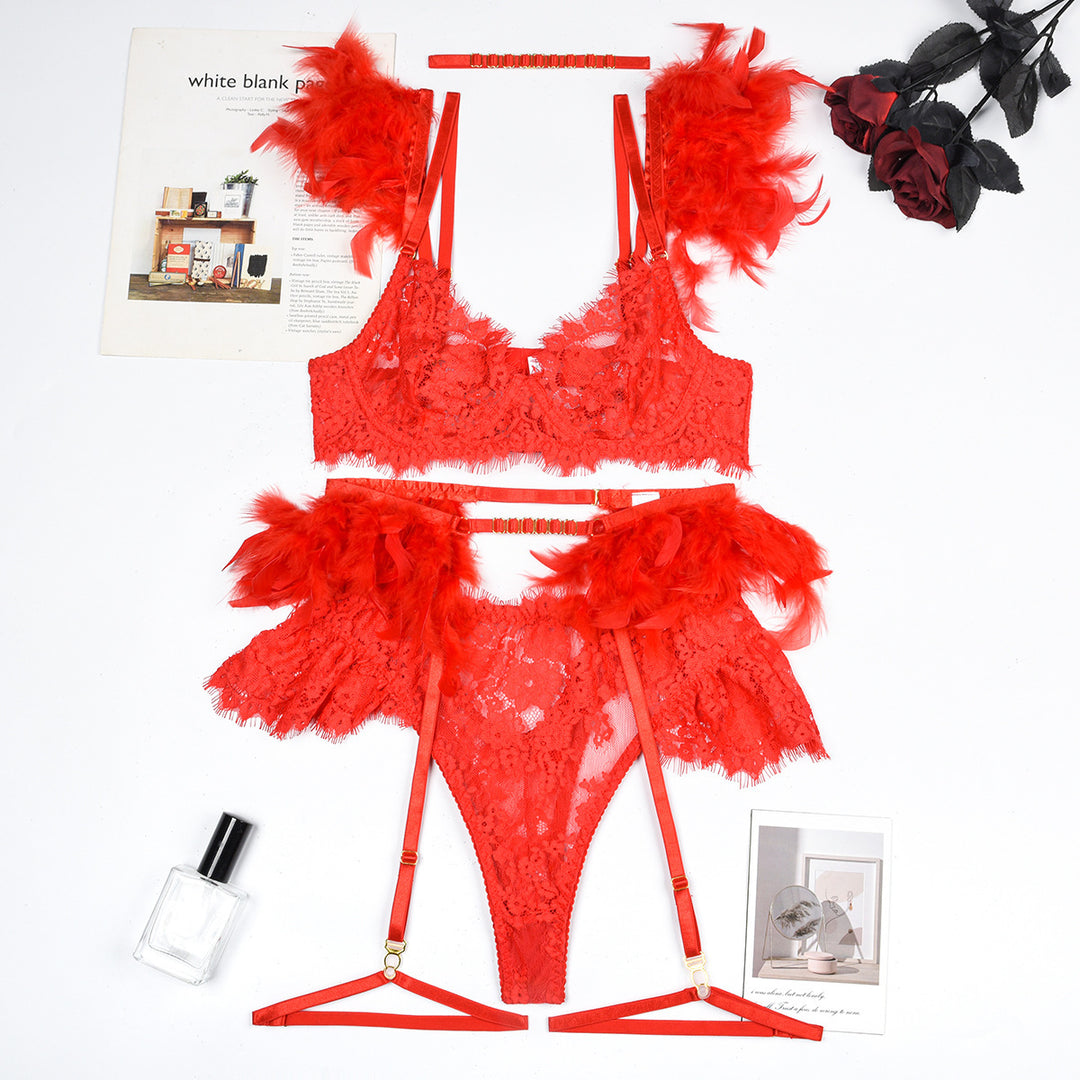 Feather Sexy Lingerie Lace Women Underwear Bra Panty - Onouthati