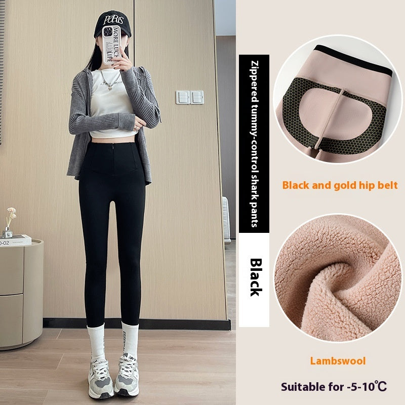 Belly-controlling Butt Lifting Leggings With Three-breasted Design Winter High Waist Slim Zippere Pants Warm Velvet And Thickened Trousers Women Clothing - Onouthati