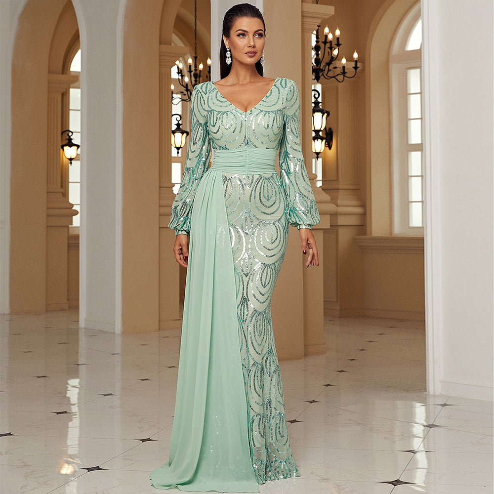 Long Sleeve Sexy Long Sequined V-neck Banquet Ribbon Evening Dress - Onouthati