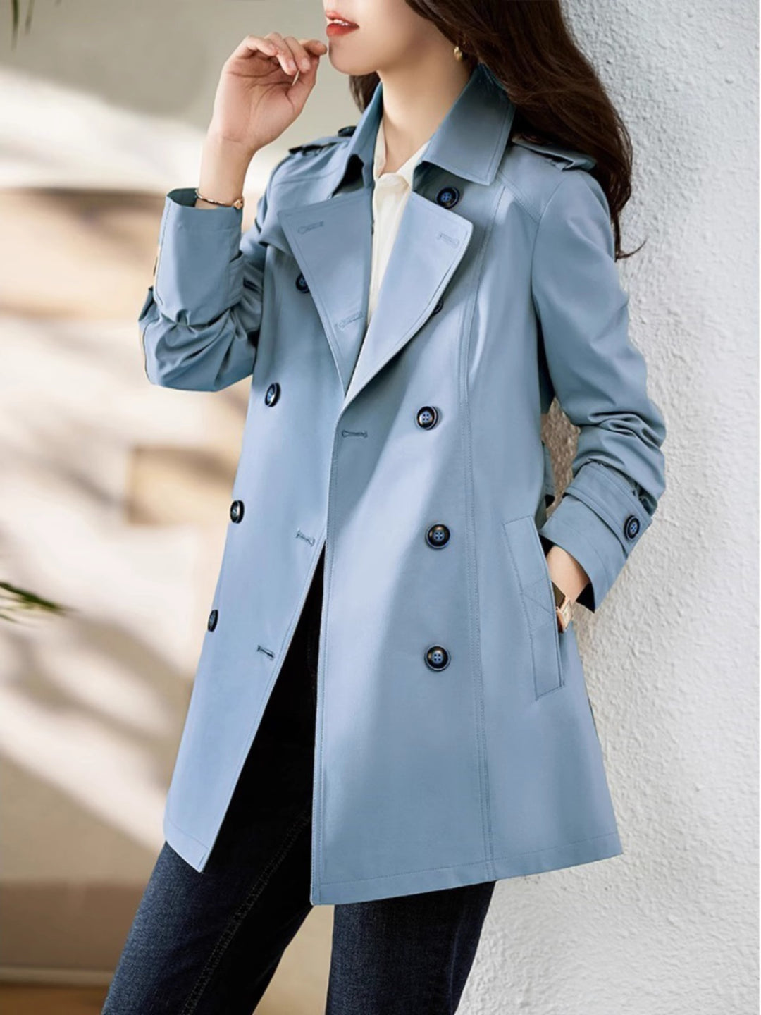 Women's Mid-length Trench Coat Double Breasted Fitted Waist Overcoat - Onouthati