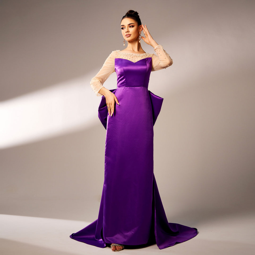 Long Sleeve Round Neck Party Beaded Big Bow Evening Dress - Onouthati